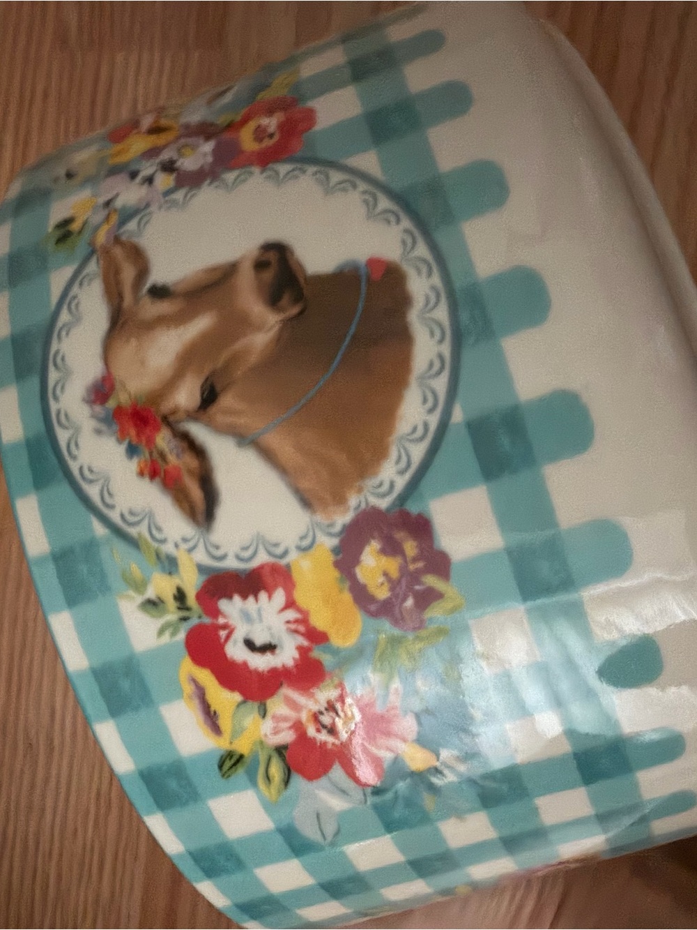 The Pioneer Woman Blue Gingham Ceramic Serving Bowl with Cow and Floral Motif - Picture 4 of 6